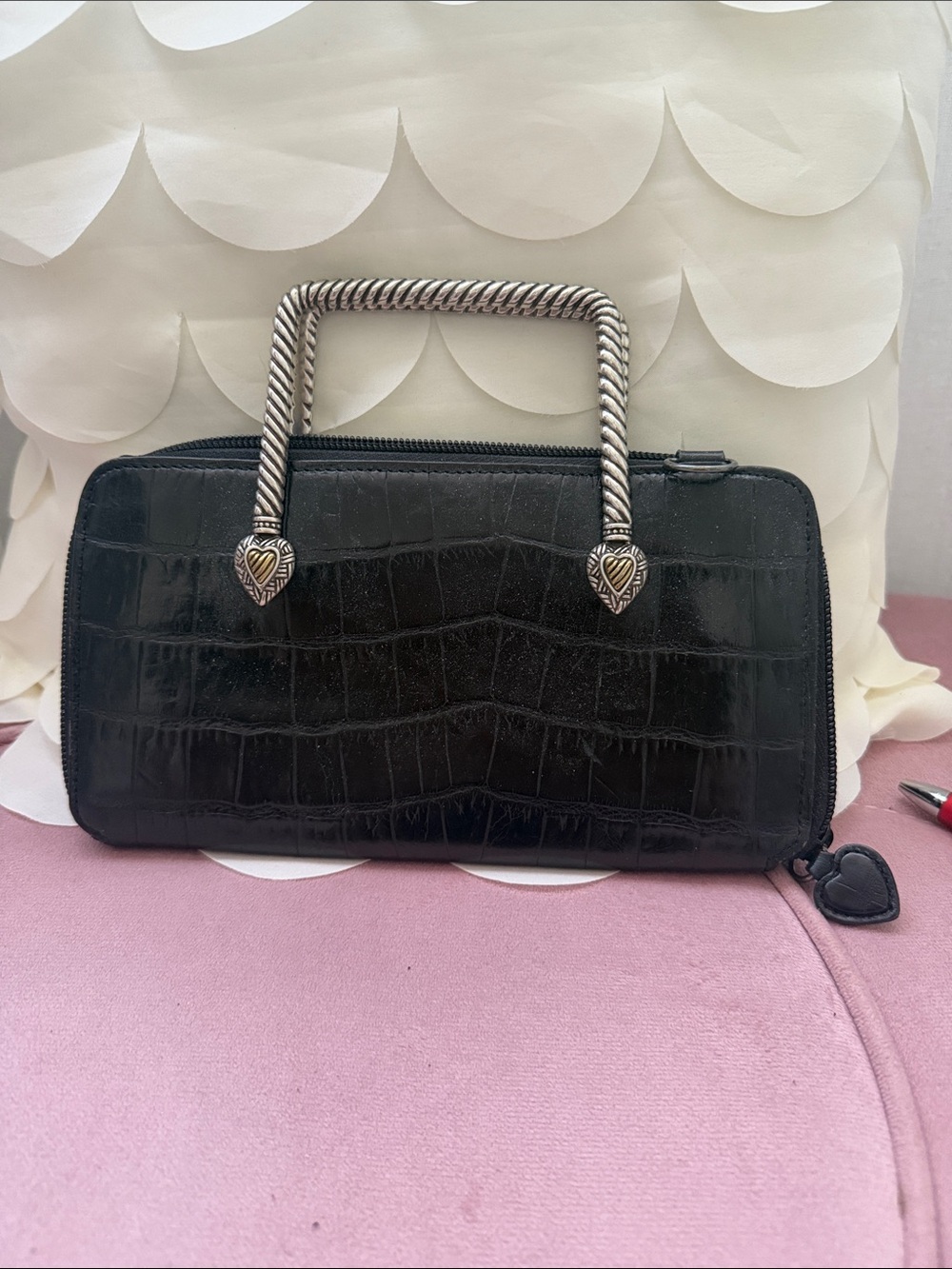 Brighton Black Croc-Embossed Clutch with Twisted Silver Handle
